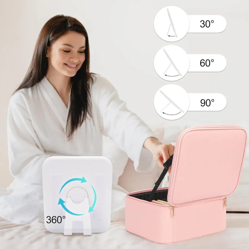 A woman applying cosmetics in a dimly lit room using the bright illumination from a pink portable smart vanity mirror bag.