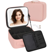 Open pastel pink portable smart LED makeup travel bag showing a glowing light-up mirror and cosmetics stored neatly inside on Spotngrab Lebanon.