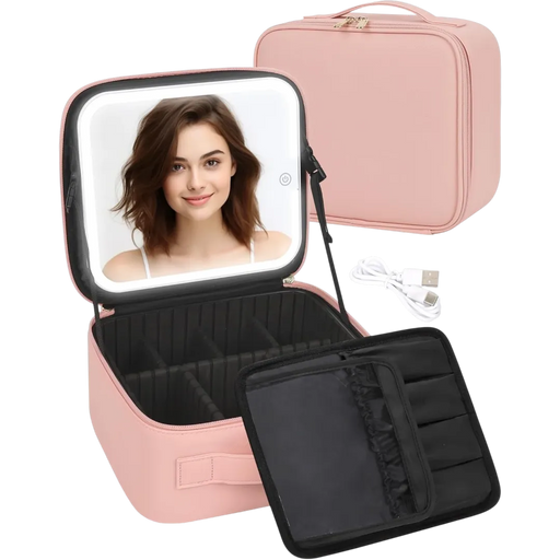 Open pastel pink portable smart LED makeup travel bag showing a glowing light-up mirror and cosmetics stored neatly inside on Spotngrab Lebanon.