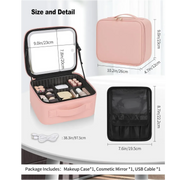 Open pastel pink portable smart LED makeup travel bag showing a glowing light-up mirror and cosmetics stored neatly inside on Spotngrab Lebanon.
