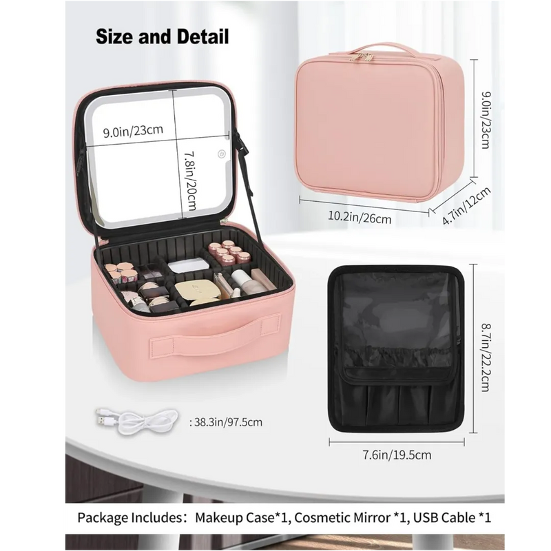 Open pastel pink portable smart LED makeup travel bag showing a glowing light-up mirror and cosmetics stored neatly inside on Spotngrab Lebanon.