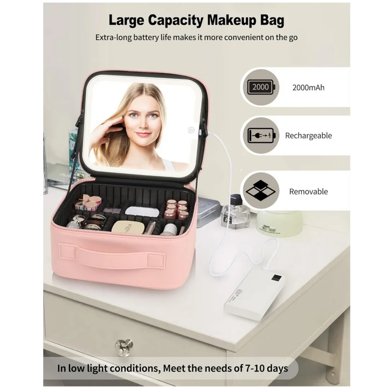 Open pastel pink portable smart LED makeup travel bag showing a glowing light-up mirror and cosmetics stored neatly inside on Spotngrab Lebanon.