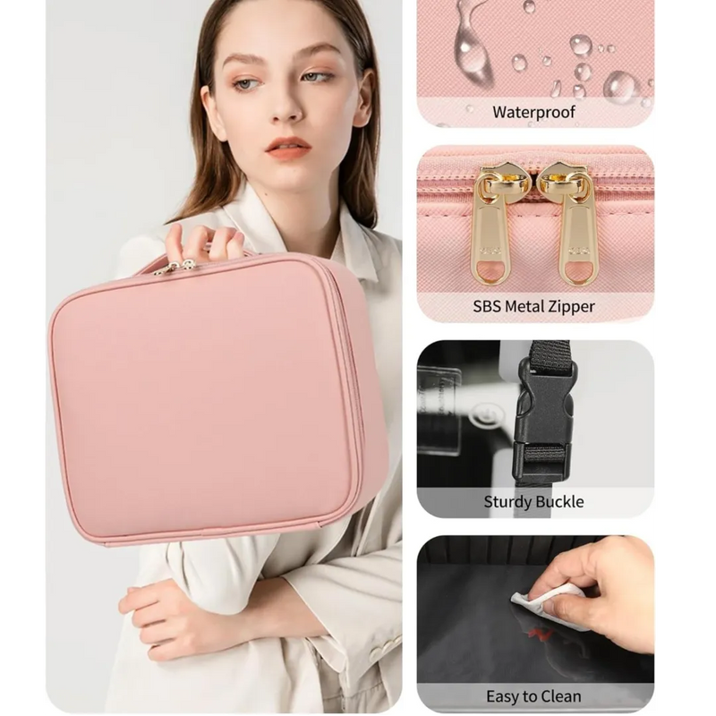 Open pastel pink portable smart LED makeup travel bag showing a glowing light-up mirror and cosmetics stored neatly inside on Spotngrab Lebanon.