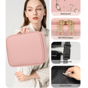 Open pastel pink portable smart LED makeup travel bag showing a glowing light-up mirror and cosmetics stored neatly inside on Spotngrab Lebanon.