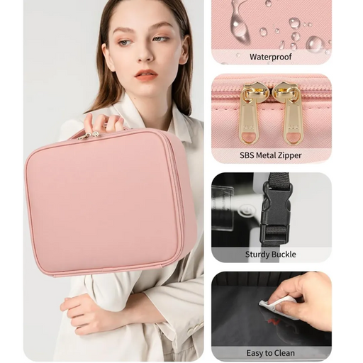 Open pastel pink portable smart LED makeup travel bag showing a glowing light-up mirror and cosmetics stored neatly inside on Spotngrab Lebanon.