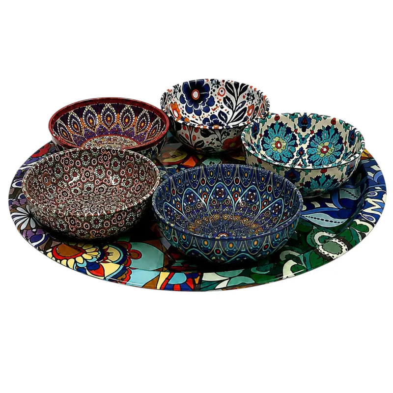 Bohemian Patterned Metal Tin Snack Bowl Set model 4 (5 Bowls + 1 Tray) | Spotngrab