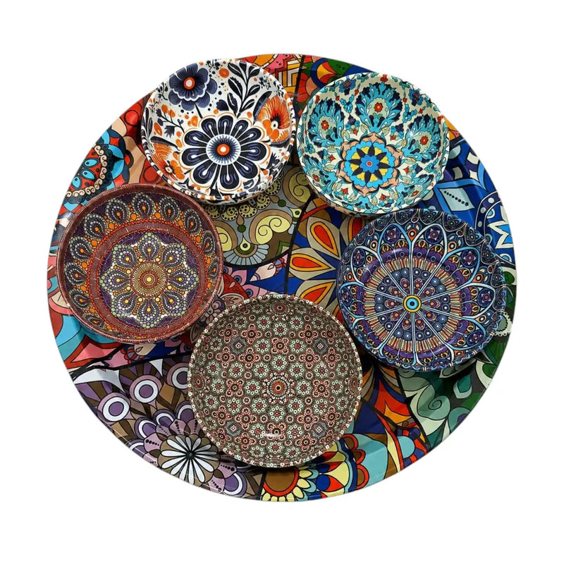 Bohemian Patterned Metal Tin Snack Bowl Set model 4 (5 Bowls + 1 Tray) | Spotngrab