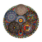 Bohemian patterned metal tin snack bowl set with 5 colorful bowls sitting on a matching serving tray on Spotngrab Lebanon.