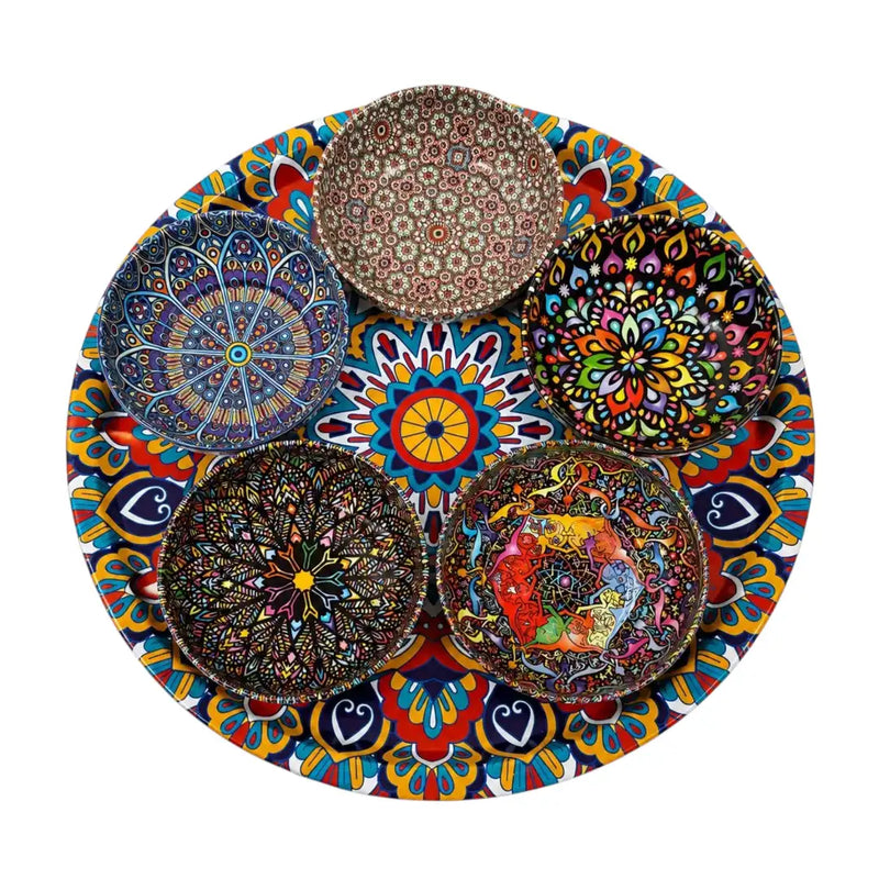 Bohemian patterned metal tin snack bowl set with 5 colorful bowls sitting on a matching serving tray on Spotngrab Lebanon.