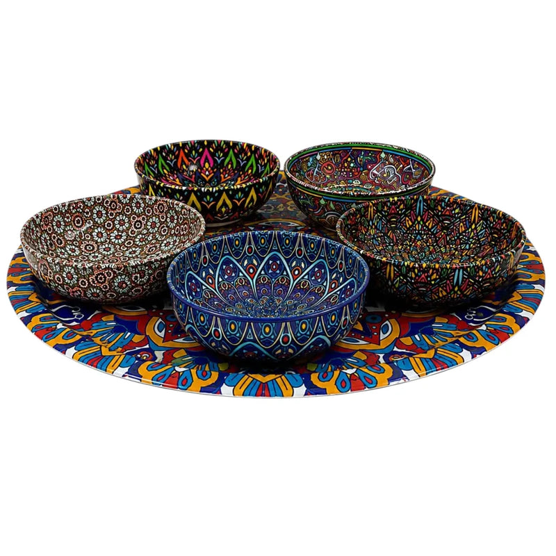 Bohemian patterned metal tin snack bowl set with 5 colorful bowls sitting on a matching serving tray on Spotngrab Lebanon.