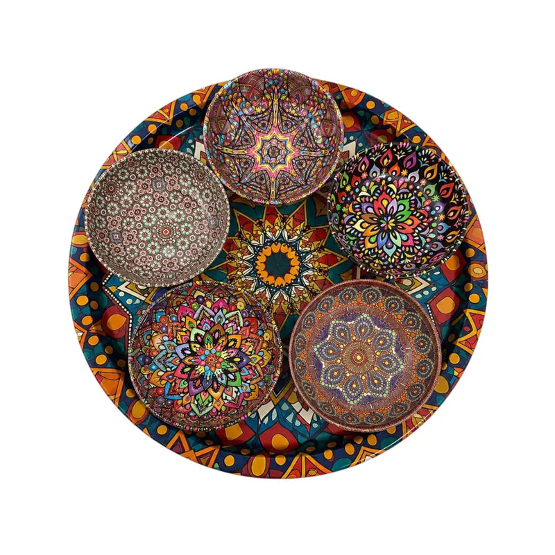 Bohemian Patterned Metal Tin Snack Bowl Set model 3 (5 Bowls + 1 Tray) | Spotngrab
