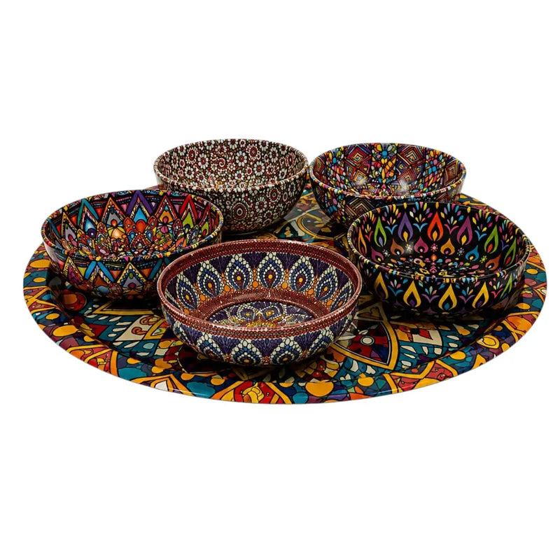 Bohemian Patterned Metal Tin Snack Bowl Set model 3 (5 Bowls + 1 Tray) | Spotngrab