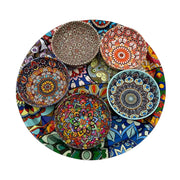 Bohemian patterned metal tin snack bowl set with 5 colorful bowls sitting on a matching serving tray on Spotngrab Lebanon.