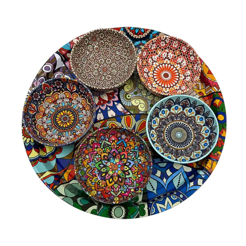 Bohemian patterned metal tin snack bowl set with 5 colorful bowls sitting on a matching serving tray on Spotngrab Lebanon.