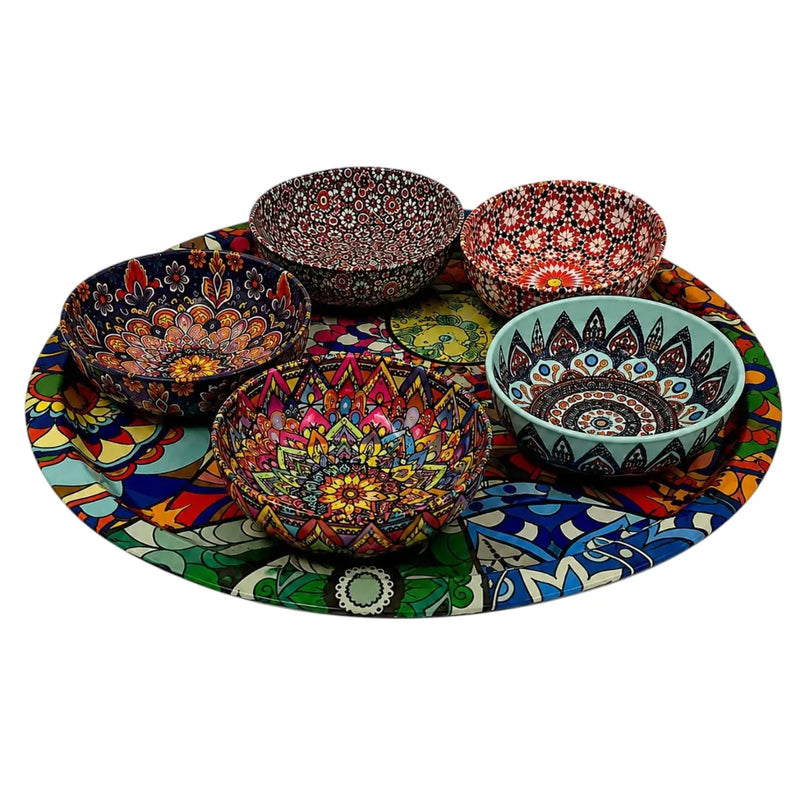 Bohemian patterned metal tin snack bowl set with 5 colorful bowls sitting on a matching serving tray on Spotngrab Lebanon.