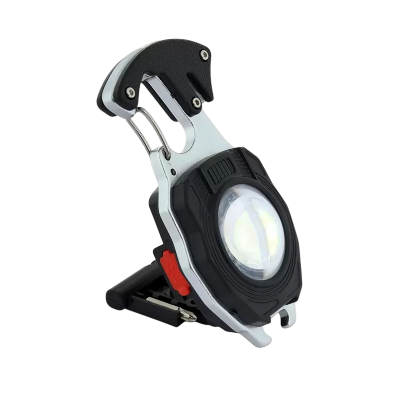 Multi-purpose rechargeable LED emergency keychain light displaying the bright flood beam and integrated tool attachments on Spotngrab Lebanon