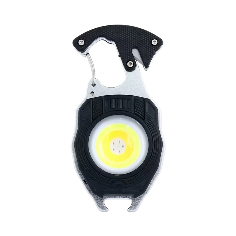Multi-purpose rechargeable LED emergency keychain light displaying the bright flood beam and integrated tool attachments on Spotngrab Lebanon