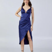 SpotNGrab navy silk dress laid flat on white background, photographed in Lebanon for online store display.