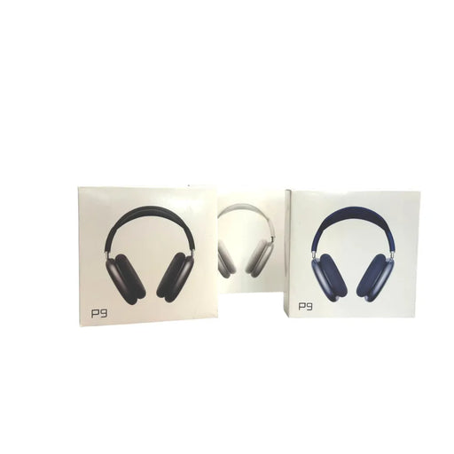 Three retail packaging boxes of P9 wireless over-ear headphones showing black, silver-white, and deep blue color variants side-by-side on Spotngrab Lebanon.
