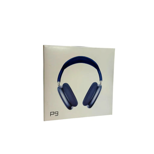 retail packaging boxes of P9 wireless over-ear headphones showing deep blue color variants on Spotngrab Lebanon.