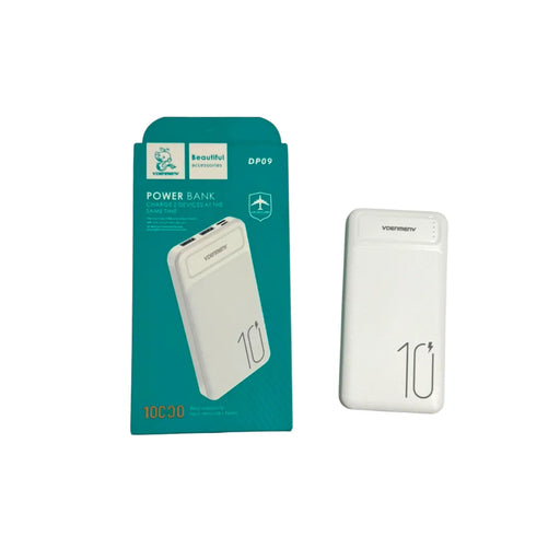 A white VDENMENV DP09 10,000mAh power bank featuring a textured pattern and a large "10" graphic, displayed next to its teal retail box on Spotngrab Lebanon.