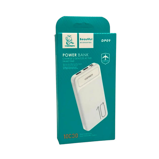 A white VDENMENV DP09 10,000mAh power bank featuring a textured pattern and a large "10" graphic, displayed next to its teal retail box on Spotngrab Lebanon.