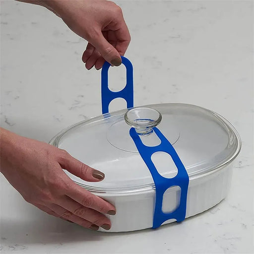 Universal silicone pot lid securing strap in blue for leak-proof transport - SpotNGrab Lebanon