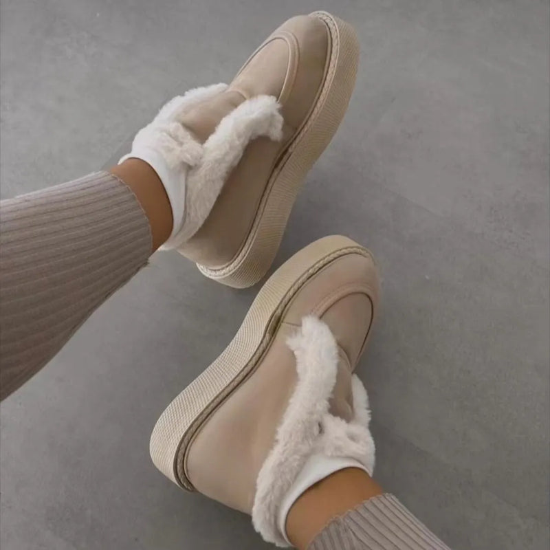 Women winter beige faux fur lined slip-on platform boots from Spotngrab Lebanon