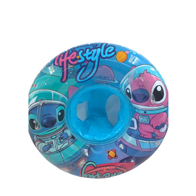 70cm blue Disney Stitch inflatable baby swim seat float ring with secure leg support and dual plastic safety handles on Spotngrab Lebanon.