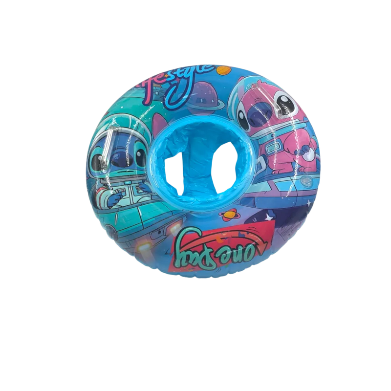 70cm blue Disney Stitch inflatable baby swim seat float ring with secure leg support and dual plastic safety handles on Spotngrab Lebanon.
