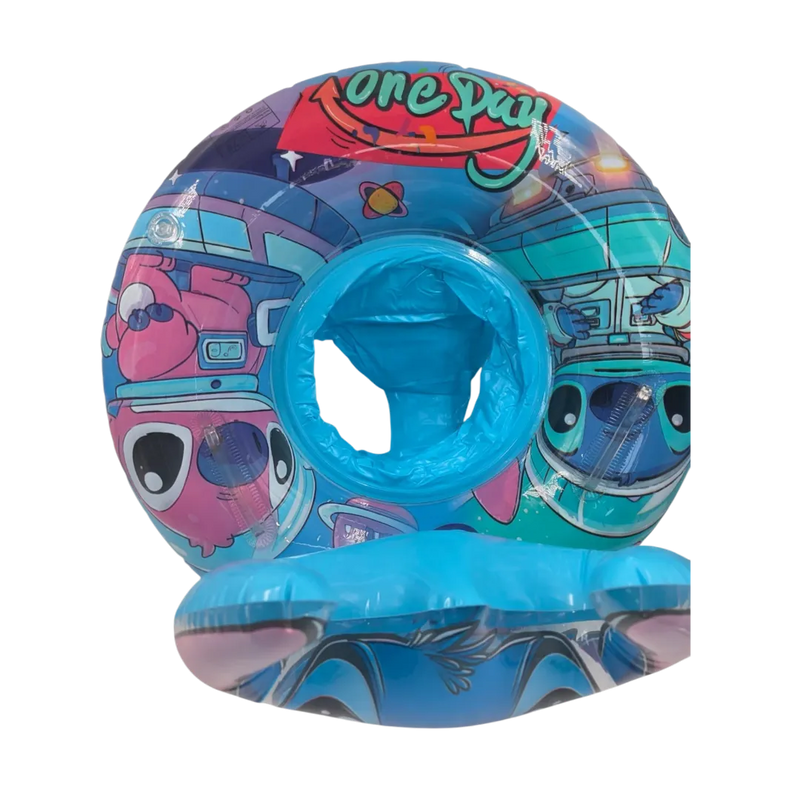 70cm blue Disney Stitch inflatable pool float ring featuring a 3D character head and built-in leg holes on Spotngrab Lebanon