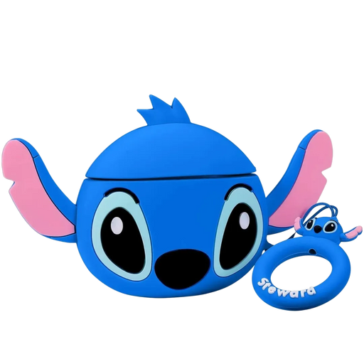 3D blue Stitch character wireless Bluetooth earbuds with shockproof silicone charging case on Spotngrab Lebanon.