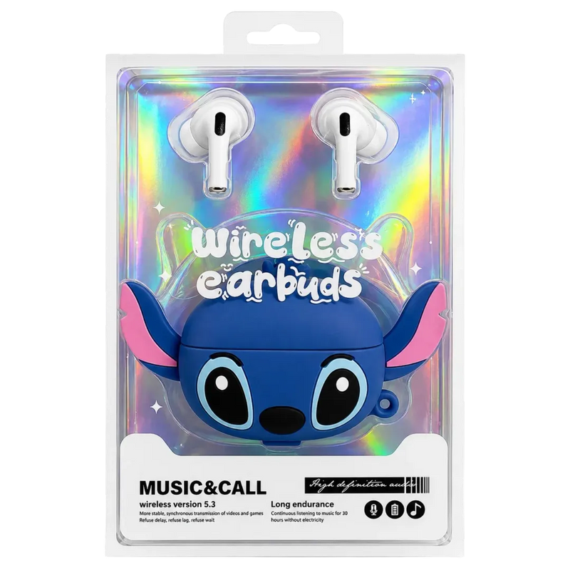 3D blue Stitch character wireless Bluetooth earbuds with shockproof silicone charging case on Spotngrab Lebanon.