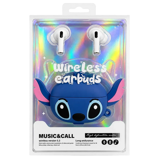3D blue Stitch character wireless Bluetooth earbuds with shockproof silicone charging case on Spotngrab Lebanon.