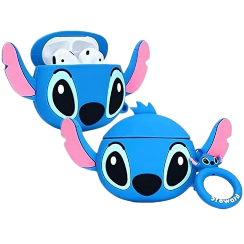 3D blue Stitch character wireless Bluetooth earbuds with shockproof silicone charging case on Spotngrab Lebanon.