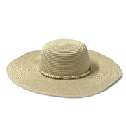 Beige straw hat with a wide brim and decorative beads available at spotngrab lebanon