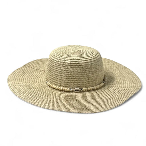 Beige straw hat with a wide brim and decorative beads available at spotngrab lebanon