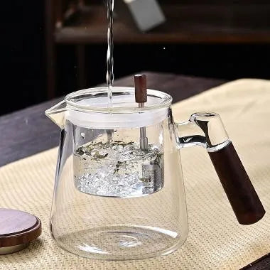 Water separation glass teapot with wooden handle and mesh infuser – Spotngrab Lebanon home accessories.