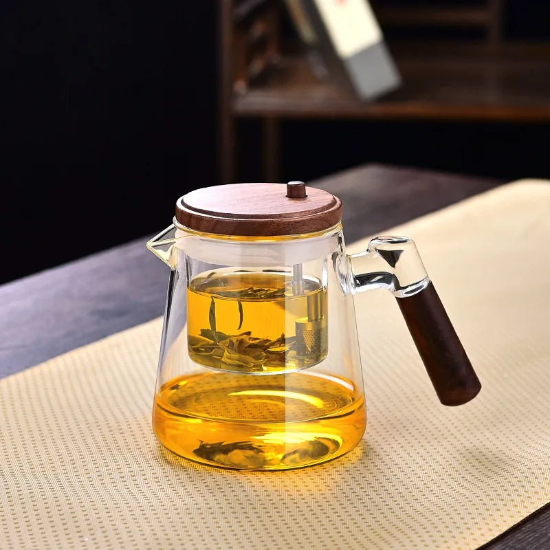 Water separation glass teapot with wooden handle and mesh infuser – Spotngrab Lebanon home accessories.