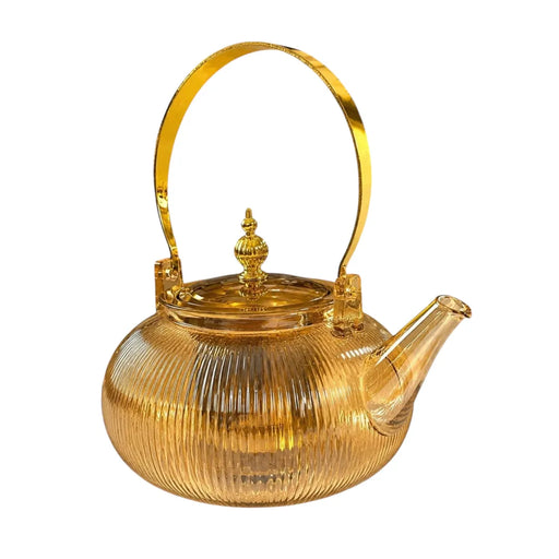 Elegant 1000ml amber tinted clear borosilicate glass teapot with a modern ribbed body pattern, gold-colored lid, and matching gold handle on Spotngrab Lebanon.