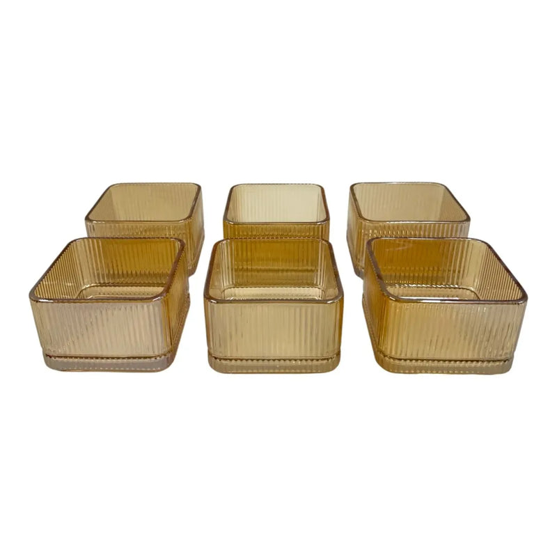 Square Retro Ribbed Amber Glass Bowl Set (Box of 6) | Spotngrab