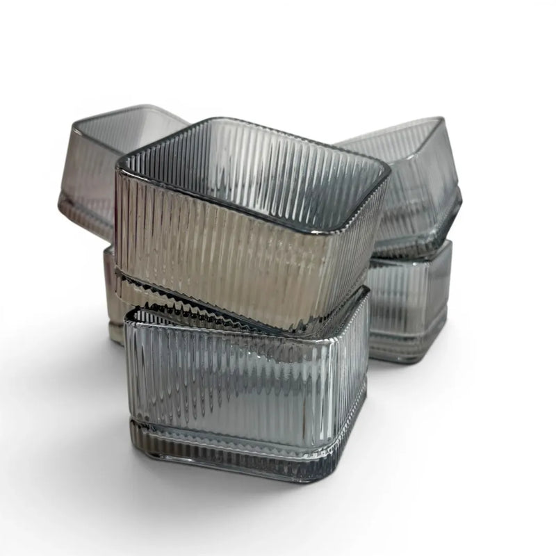 Square Retro Ribbed Smoky Grey Glass Bowl Set (Box of 6) | Spotngrab