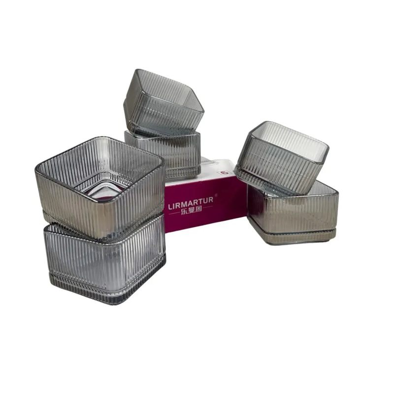 Square Retro Ribbed Smoky Grey Glass Bowl Set (Box of 6) | Spotngrab