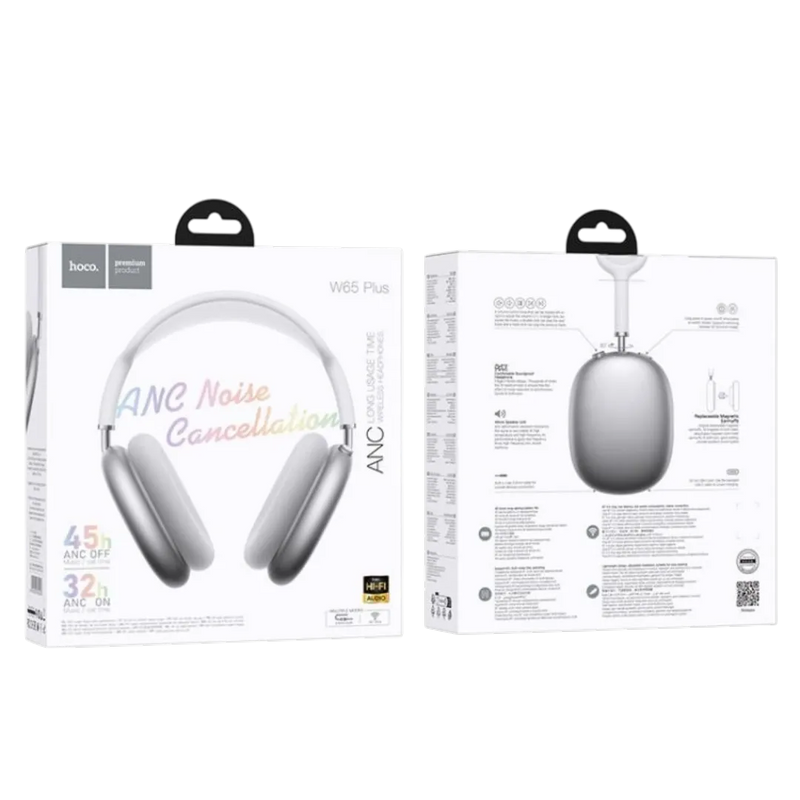 Hoco W65 Plus Happy ANC wireless headphones in silver – active noise cancelling headset Lebanon Spotngrab.