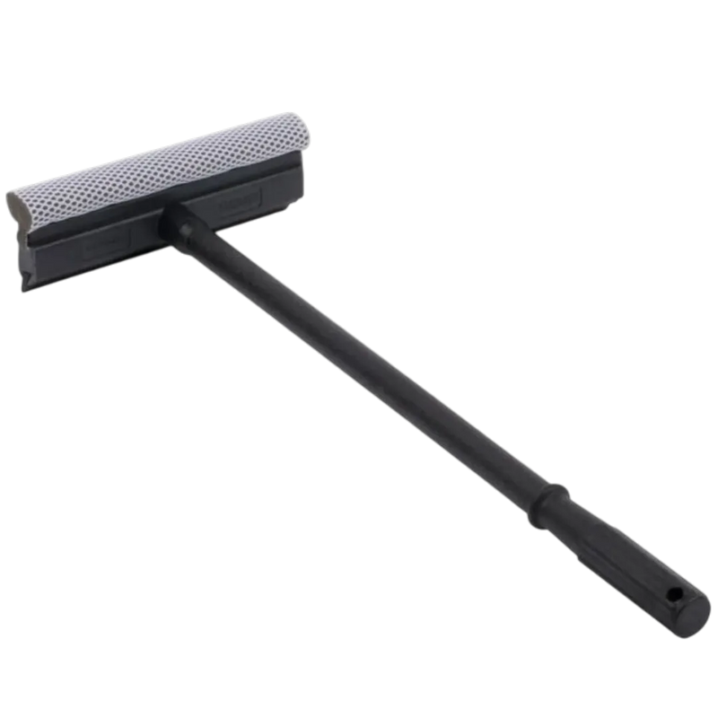 Wiping a glass home window clean using a heavy-duty rubber squeegee scraper – streak-free glass cleaning tools