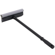 Wiping a glass home window clean using a heavy-duty rubber squeegee scraper – streak-free glass cleaning tools