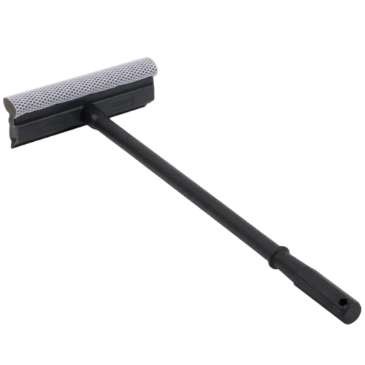 Wiping a glass home window clean using a heavy-duty rubber squeegee scraper – streak-free glass cleaning tools